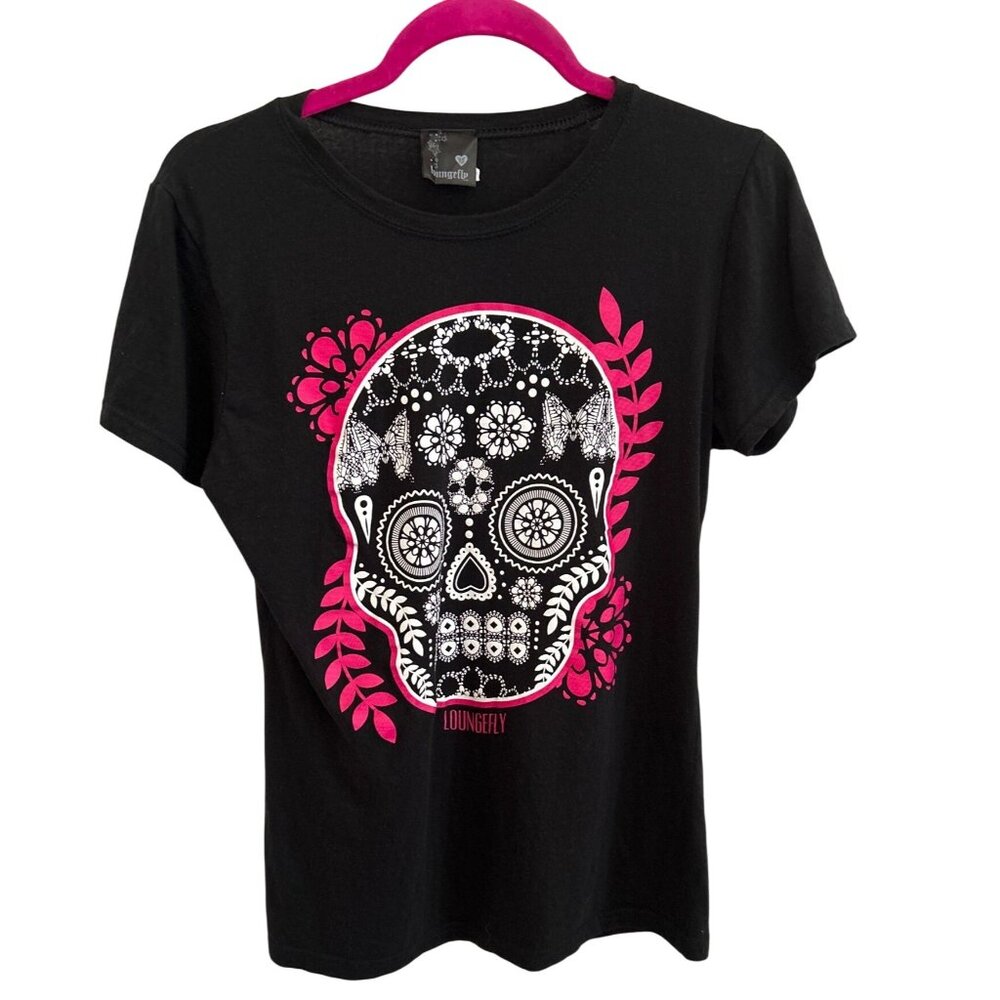 Loungefly Juniors Black Sugar Skull Graphic T-Shirt XL 100% Cotton